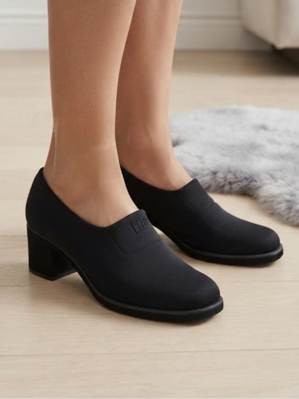 Hush Puppies Black Stretch Slip On Block Heel Loafers Square Toe